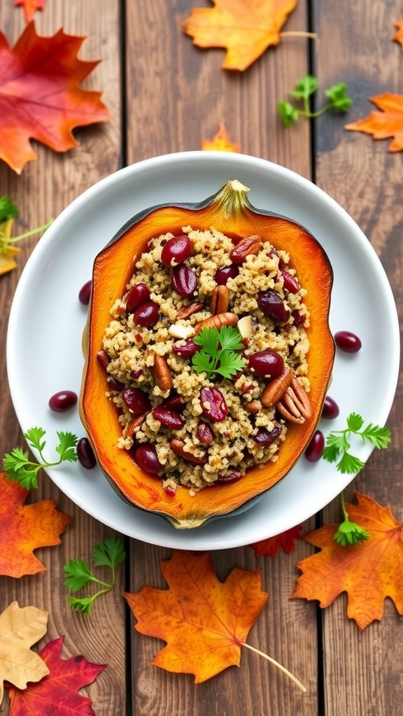 Stuffed acorn squash filled with quinoa, cranberries, and pecans, garnished with parsley on a rustic table.